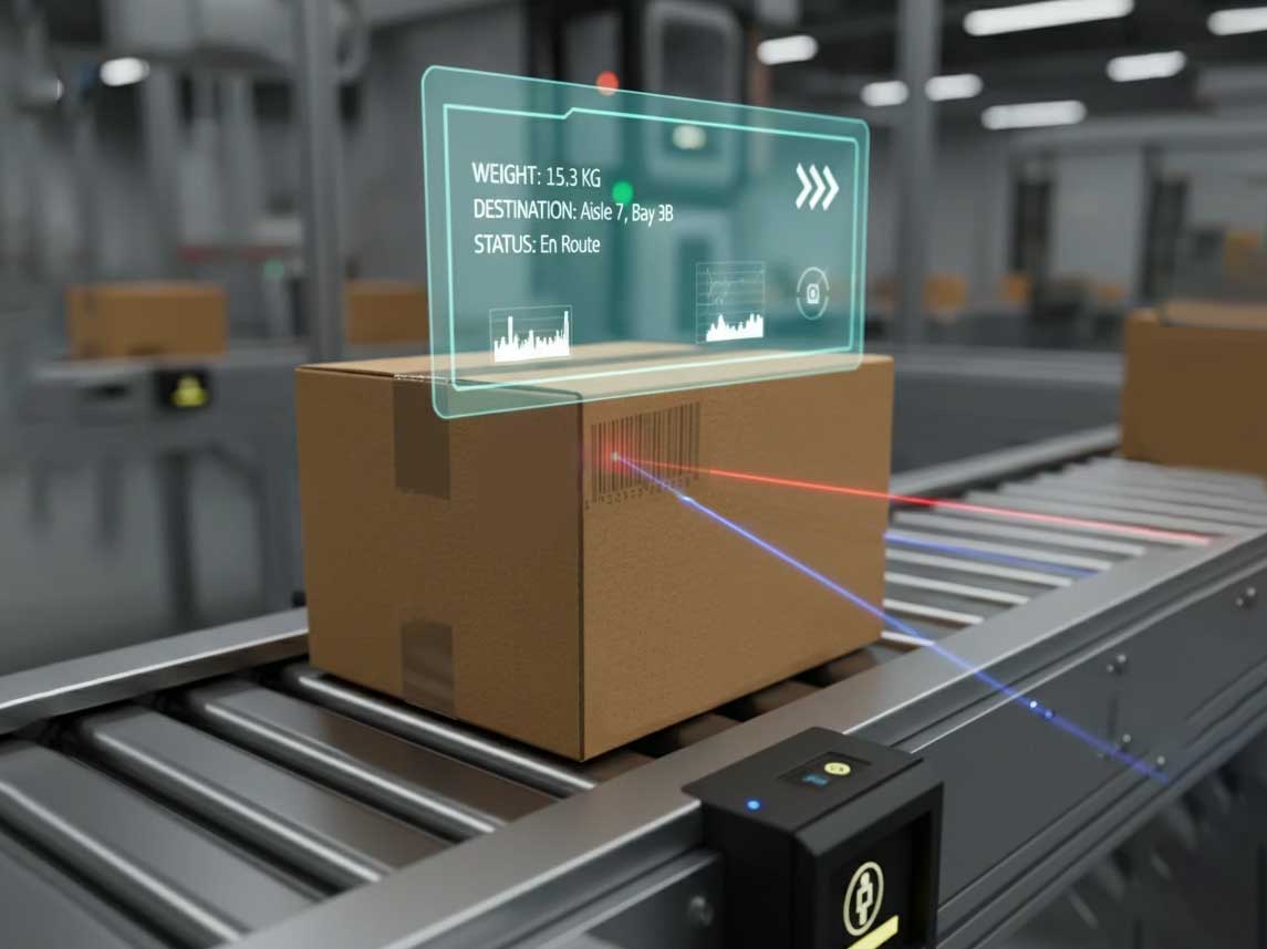 نقش حیاتی سیستمهای انتقال مواد در هوشمندسازی و اتوماسیون صنعتی 1 اسکن لیزری بسته و تعیین جایگاه آن جهت انتقال