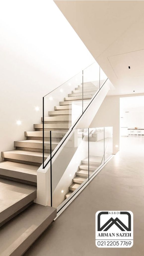 انتخاب بهترین هندریل شیشه ای راه پله | کدام نرده شیشه ای مناسب پله شماست؟ 4 نرده شیشه ای دفنی راه پله آرمان سازه